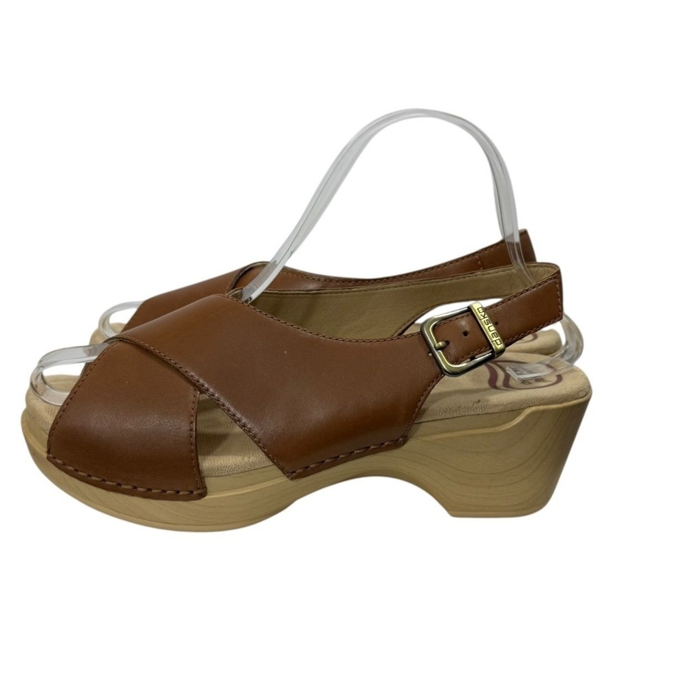 Dansko Tiffani Tan Leather Cross Strap Wedge Sandals Brown Clog Heels 38 Comfort